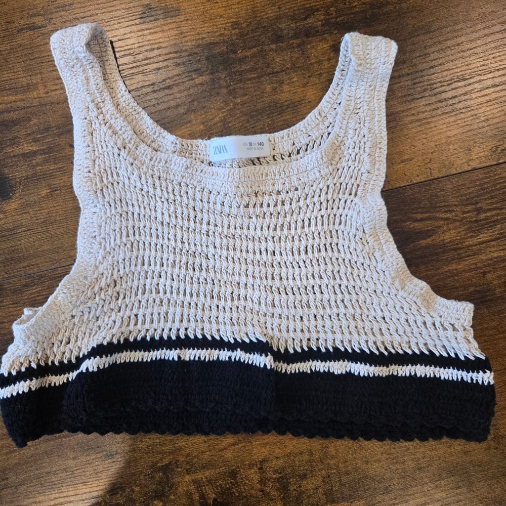 Zara Kids Crochet Knit Crop Top Cream Black Striped Sleeveless Tank Size 10 140